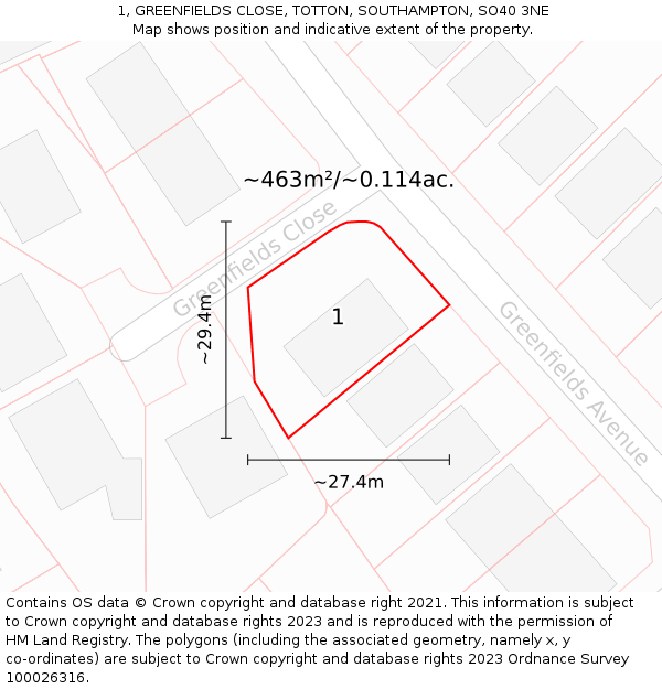 1, GREENFIELDS CLOSE, TOTTON, SOUTHAMPTON, SO40 3NE: Plot and title map