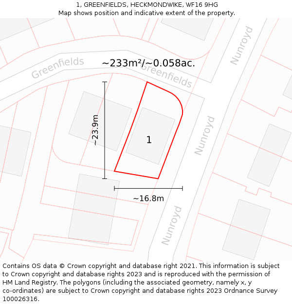 1, GREENFIELDS, HECKMONDWIKE, WF16 9HG: Plot and title map