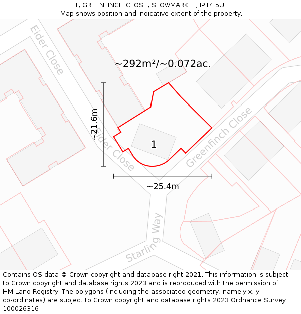1, GREENFINCH CLOSE, STOWMARKET, IP14 5UT: Plot and title map