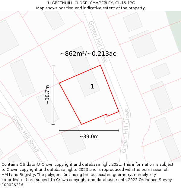 1, GREENHILL CLOSE, CAMBERLEY, GU15 1PG: Plot and title map