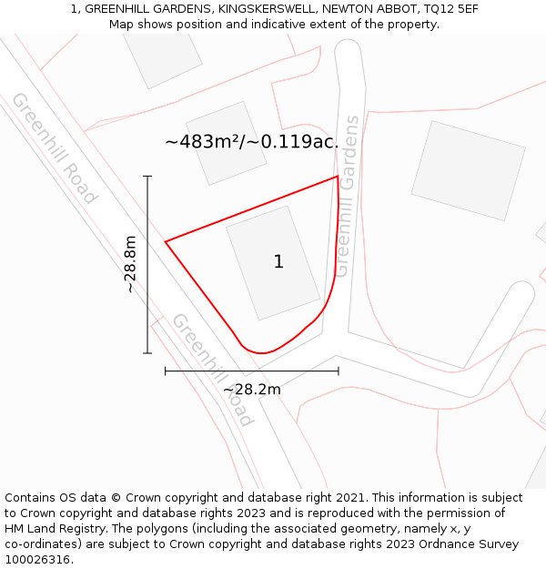 1, GREENHILL GARDENS, KINGSKERSWELL, NEWTON ABBOT, TQ12 5EF: Plot and title map