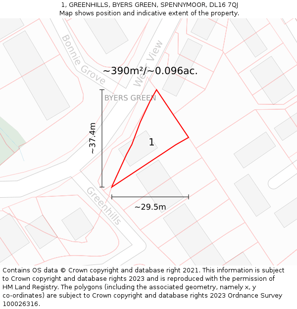 1, GREENHILLS, BYERS GREEN, SPENNYMOOR, DL16 7QJ: Plot and title map