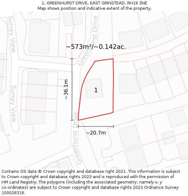 1, GREENHURST DRIVE, EAST GRINSTEAD, RH19 3NE: Plot and title map