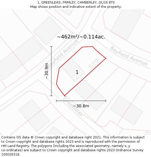 1, GREENLEAS, FRIMLEY, CAMBERLEY, GU16 8TS: Plot and title map