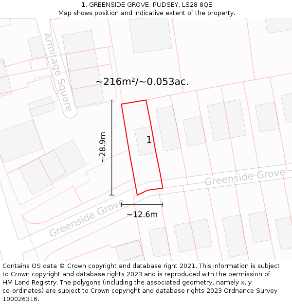 1, GREENSIDE GROVE, PUDSEY, LS28 8QE: Plot and title map