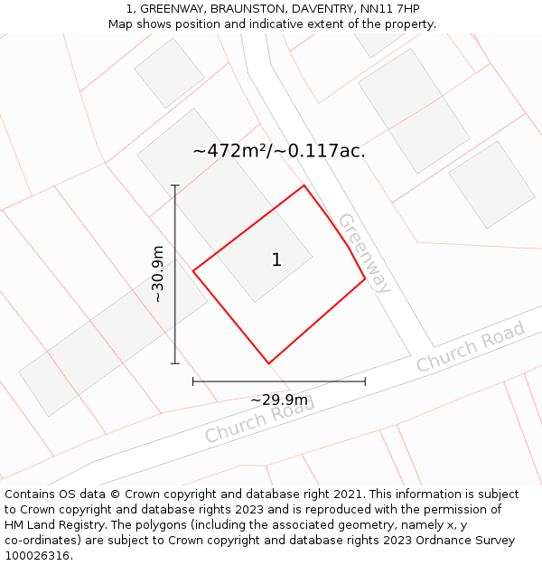 1, GREENWAY, BRAUNSTON, DAVENTRY, NN11 7HP: Plot and title map