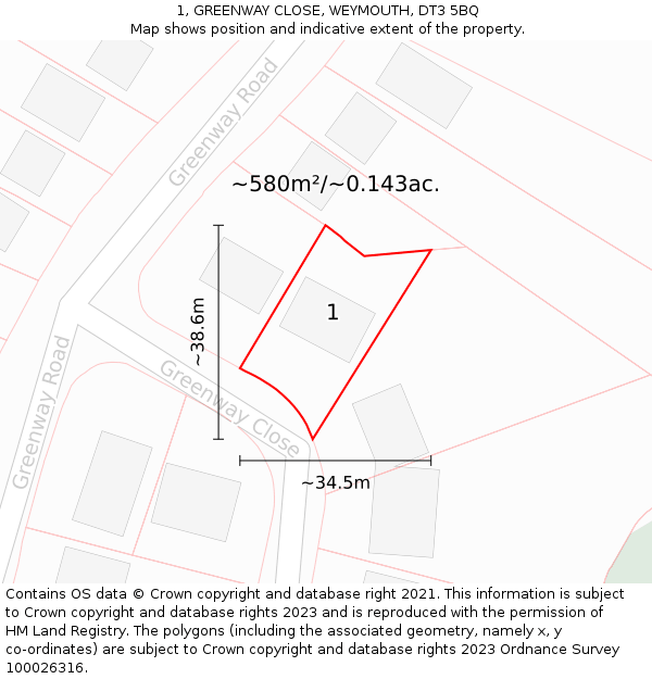 1, GREENWAY CLOSE, WEYMOUTH, DT3 5BQ: Plot and title map