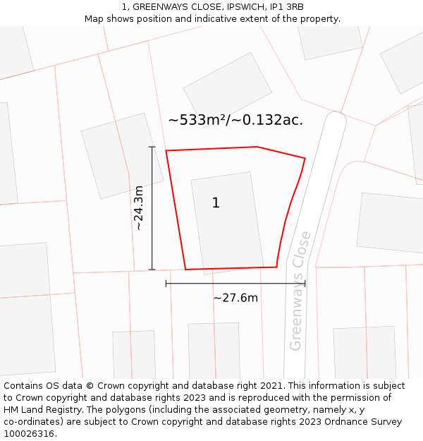 1, GREENWAYS CLOSE, IPSWICH, IP1 3RB: Plot and title map