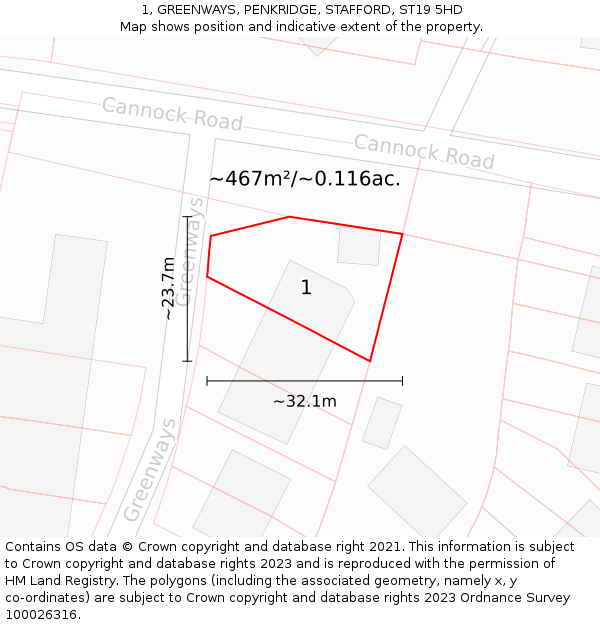 1, GREENWAYS, PENKRIDGE, STAFFORD, ST19 5HD: Plot and title map