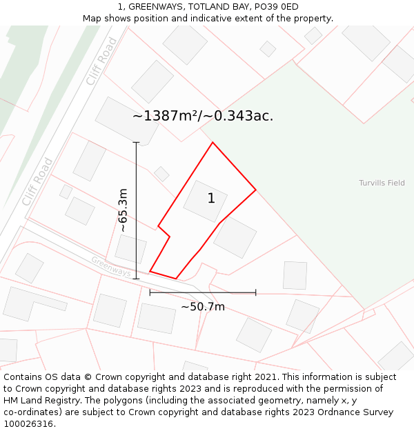 1, GREENWAYS, TOTLAND BAY, PO39 0ED: Plot and title map