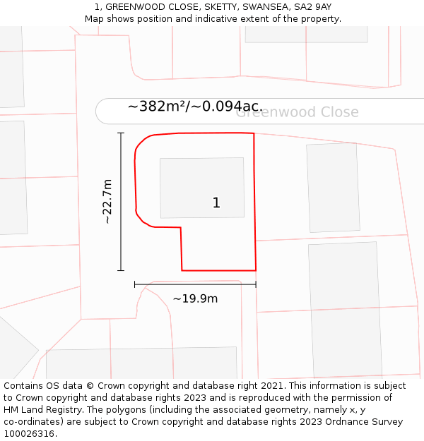 1, GREENWOOD CLOSE, SKETTY, SWANSEA, SA2 9AY: Plot and title map