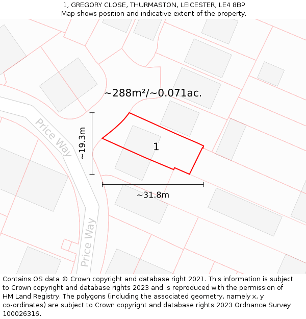 1, GREGORY CLOSE, THURMASTON, LEICESTER, LE4 8BP: Plot and title map