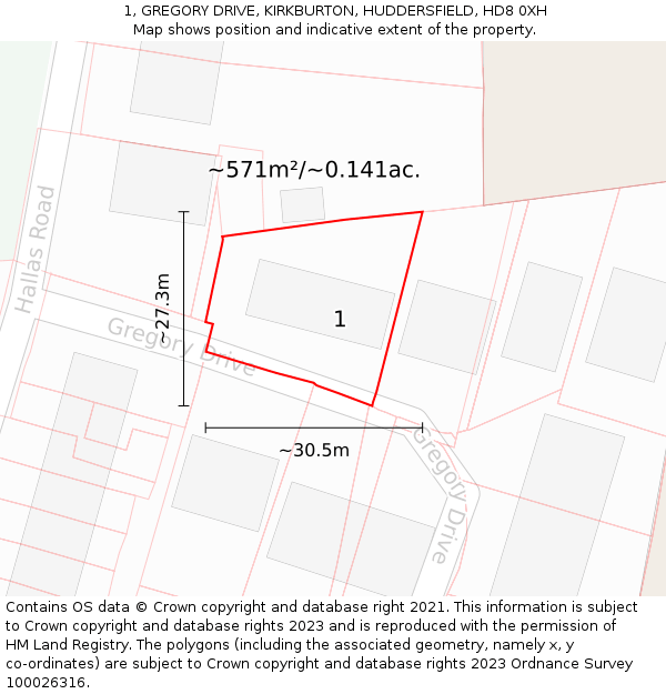 1, GREGORY DRIVE, KIRKBURTON, HUDDERSFIELD, HD8 0XH: Plot and title map