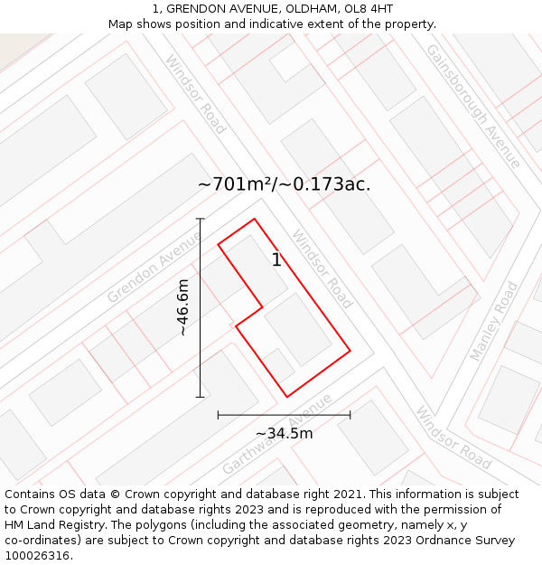 1, GRENDON AVENUE, OLDHAM, OL8 4HT: Plot and title map