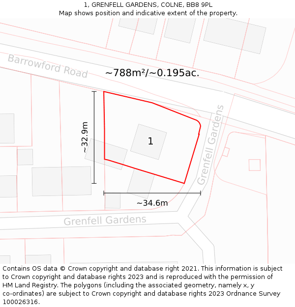 1, GRENFELL GARDENS, COLNE, BB8 9PL: Plot and title map