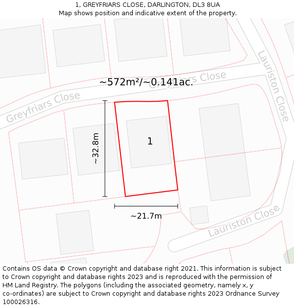 1, GREYFRIARS CLOSE, DARLINGTON, DL3 8UA: Plot and title map