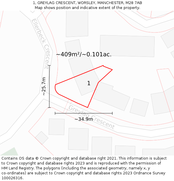 1, GREYLAG CRESCENT, WORSLEY, MANCHESTER, M28 7AB: Plot and title map