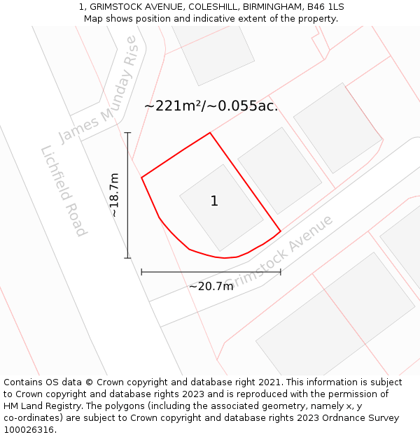 1, GRIMSTOCK AVENUE, COLESHILL, BIRMINGHAM, B46 1LS: Plot and title map