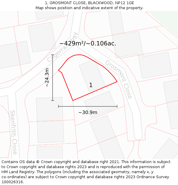 1, GROSMONT CLOSE, BLACKWOOD, NP12 1GE: Plot and title map