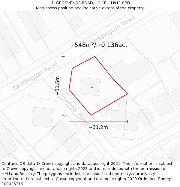 1, GROSVENOR ROAD, LOUTH, LN11 0BB: Plot and title map