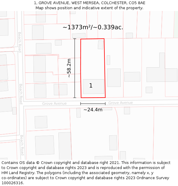 1, GROVE AVENUE, WEST MERSEA, COLCHESTER, CO5 8AE: Plot and title map