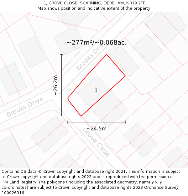 1, GROVE CLOSE, SCARNING, DEREHAM, NR19 2TE: Plot and title map