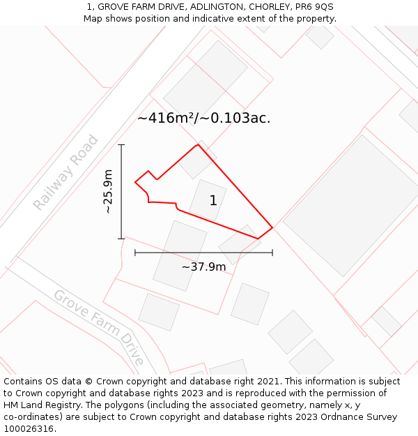 1, GROVE FARM DRIVE, ADLINGTON, CHORLEY, PR6 9QS: Plot and title map