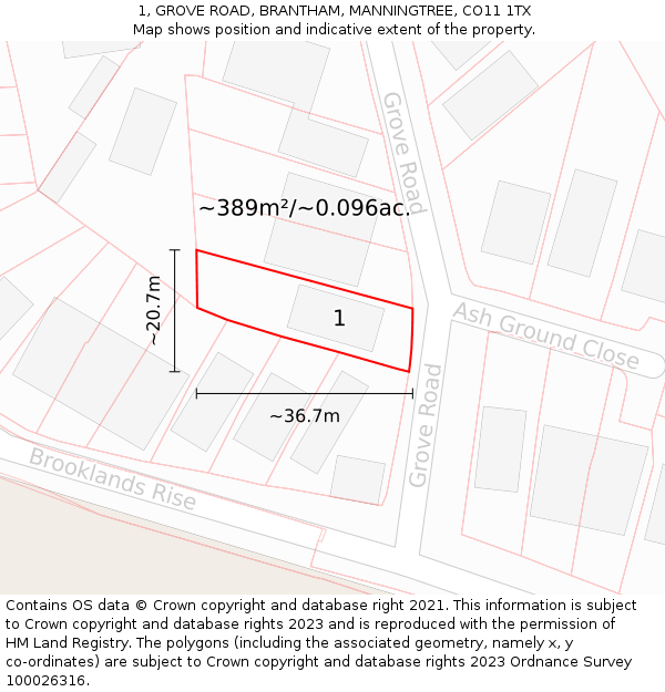 1, GROVE ROAD, BRANTHAM, MANNINGTREE, CO11 1TX: Plot and title map