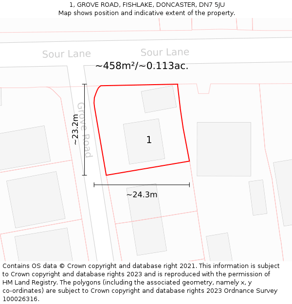 1, GROVE ROAD, FISHLAKE, DONCASTER, DN7 5JU: Plot and title map