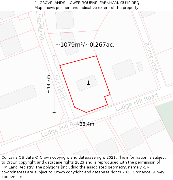 1, GROVELANDS, LOWER BOURNE, FARNHAM, GU10 3RQ: Plot and title map