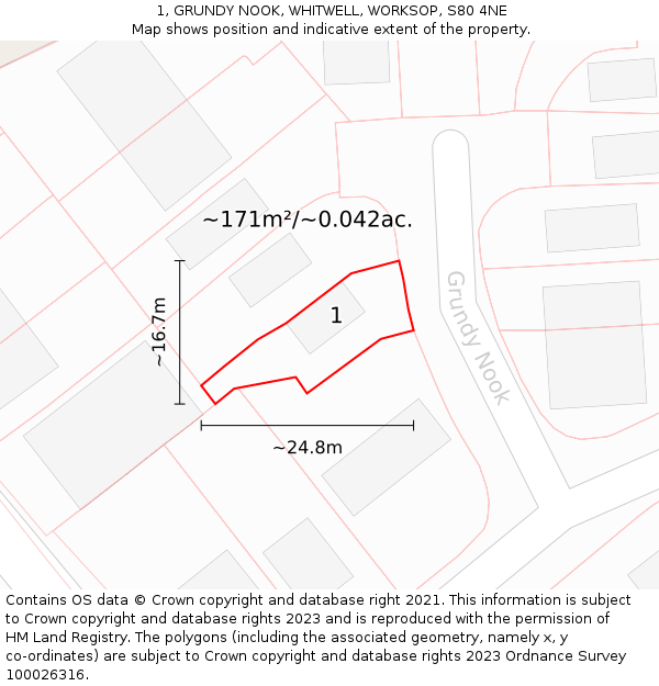 1, GRUNDY NOOK, WHITWELL, WORKSOP, S80 4NE: Plot and title map