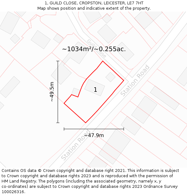 1, GUILD CLOSE, CROPSTON, LEICESTER, LE7 7HT: Plot and title map