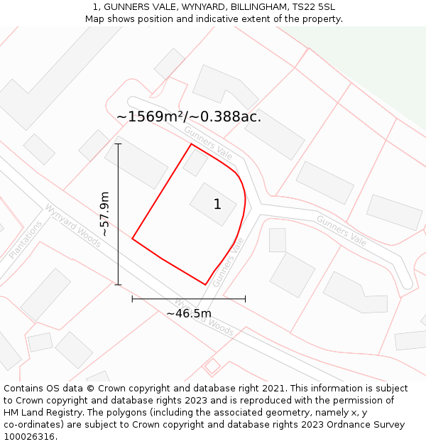 1, GUNNERS VALE, WYNYARD, BILLINGHAM, TS22 5SL: Plot and title map