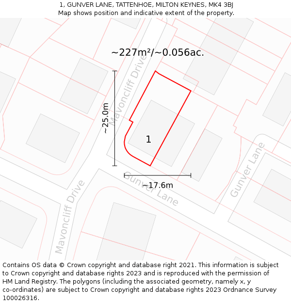 1, GUNVER LANE, TATTENHOE, MILTON KEYNES, MK4 3BJ: Plot and title map