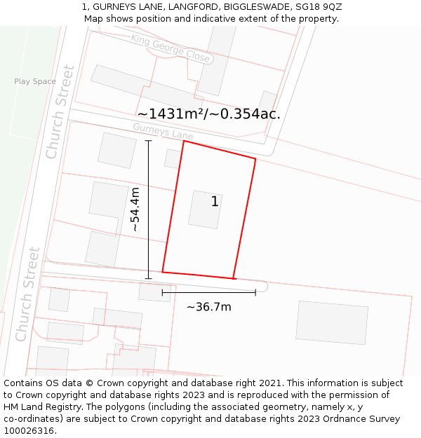 1, GURNEYS LANE, LANGFORD, BIGGLESWADE, SG18 9QZ: Plot and title map