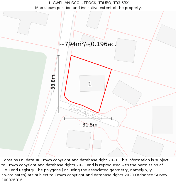 1, GWEL AN SCOL, FEOCK, TRURO, TR3 6RX: Plot and title map