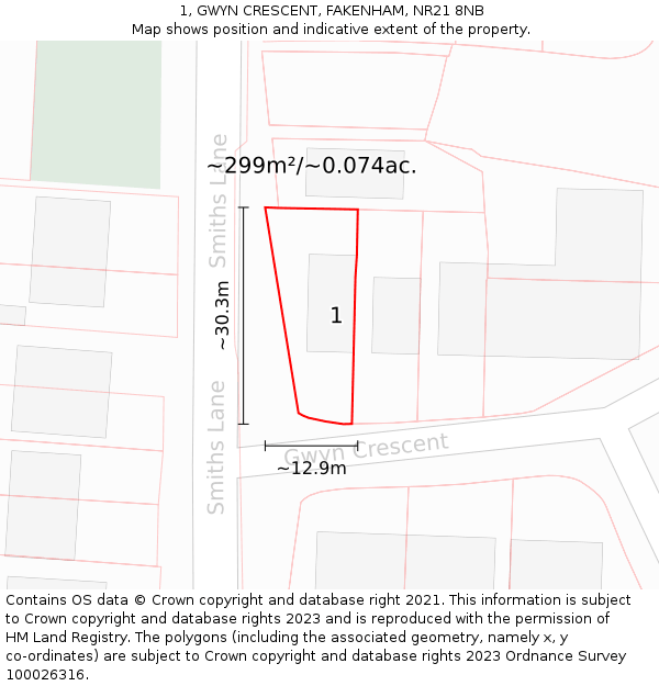 1, GWYN CRESCENT, FAKENHAM, NR21 8NB: Plot and title map