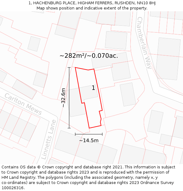 1, HACHENBURG PLACE, HIGHAM FERRERS, RUSHDEN, NN10 8HJ: Plot and title map