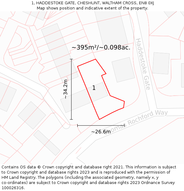 1, HADDESTOKE GATE, CHESHUNT, WALTHAM CROSS, EN8 0XJ: Plot and title map