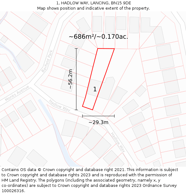1, HADLOW WAY, LANCING, BN15 9DE: Plot and title map