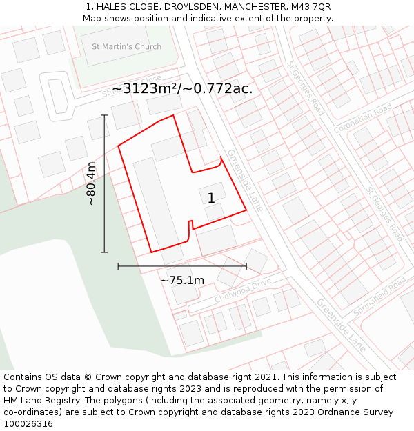1, HALES CLOSE, DROYLSDEN, MANCHESTER, M43 7QR: Plot and title map