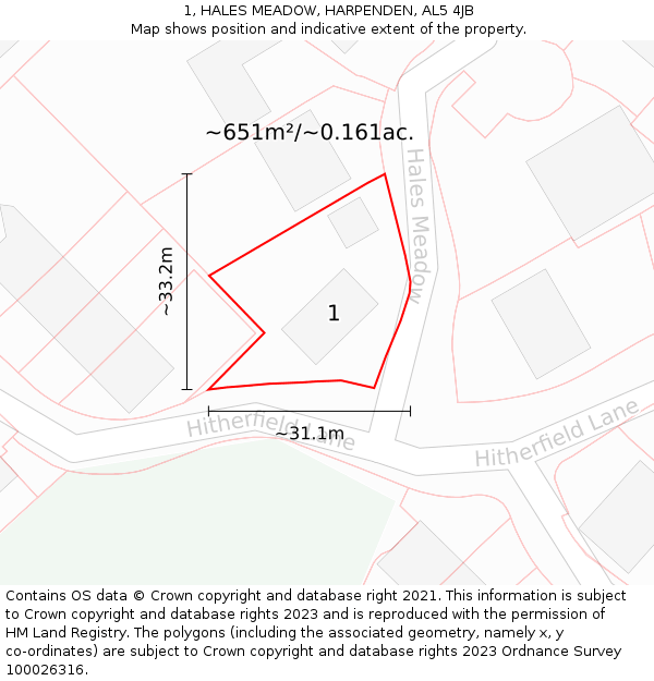 1, HALES MEADOW, HARPENDEN, AL5 4JB: Plot and title map