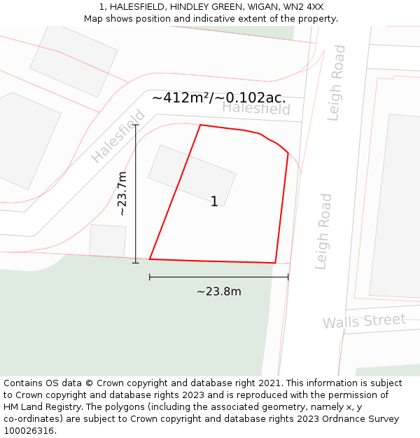 1, HALESFIELD, HINDLEY GREEN, WIGAN, WN2 4XX: Plot and title map