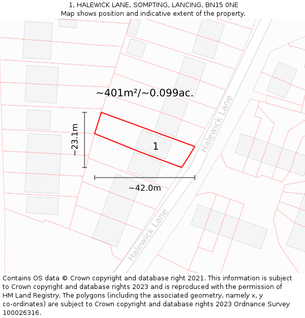 1, HALEWICK LANE, SOMPTING, LANCING, BN15 0NE: Plot and title map