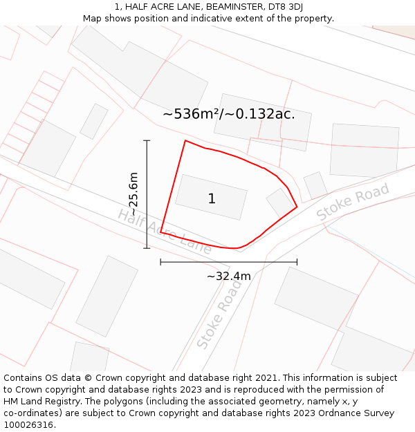 1, HALF ACRE LANE, BEAMINSTER, DT8 3DJ: Plot and title map