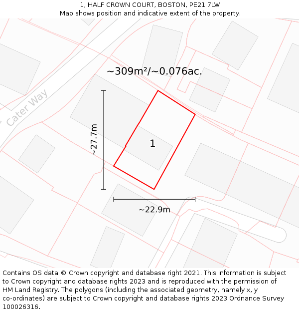 1, HALF CROWN COURT, BOSTON, PE21 7LW: Plot and title map