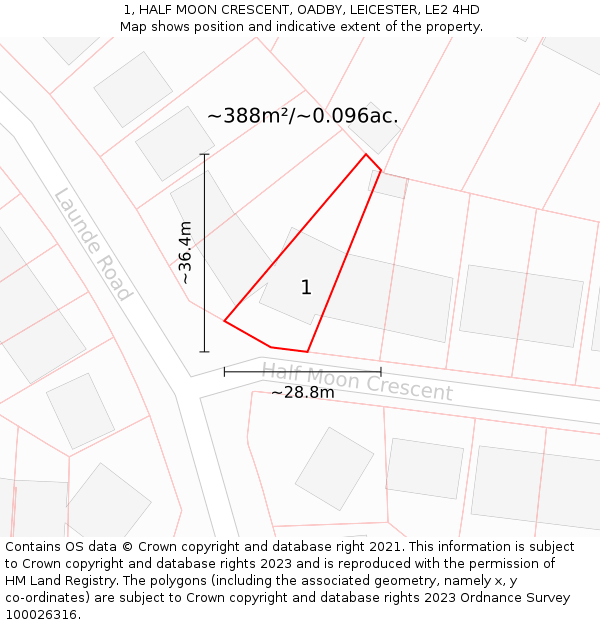 1, HALF MOON CRESCENT, OADBY, LEICESTER, LE2 4HD: Plot and title map