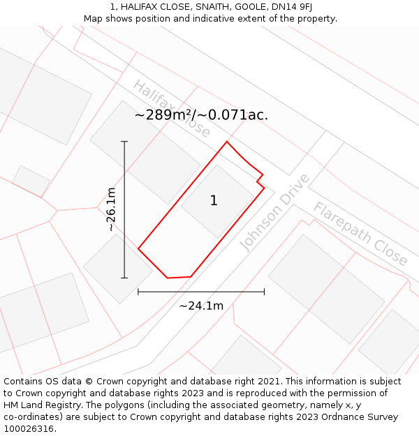 1, HALIFAX CLOSE, SNAITH, GOOLE, DN14 9FJ: Plot and title map