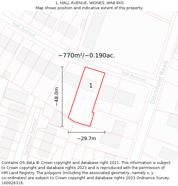 1, HALL AVENUE, WIDNES, WA8 8XS: Plot and title map