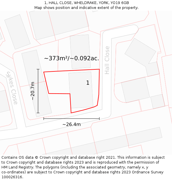 1, HALL CLOSE, WHELDRAKE, YORK, YO19 6GB: Plot and title map